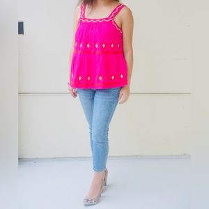Loft-Hot Pink Embroidered Cotton Top